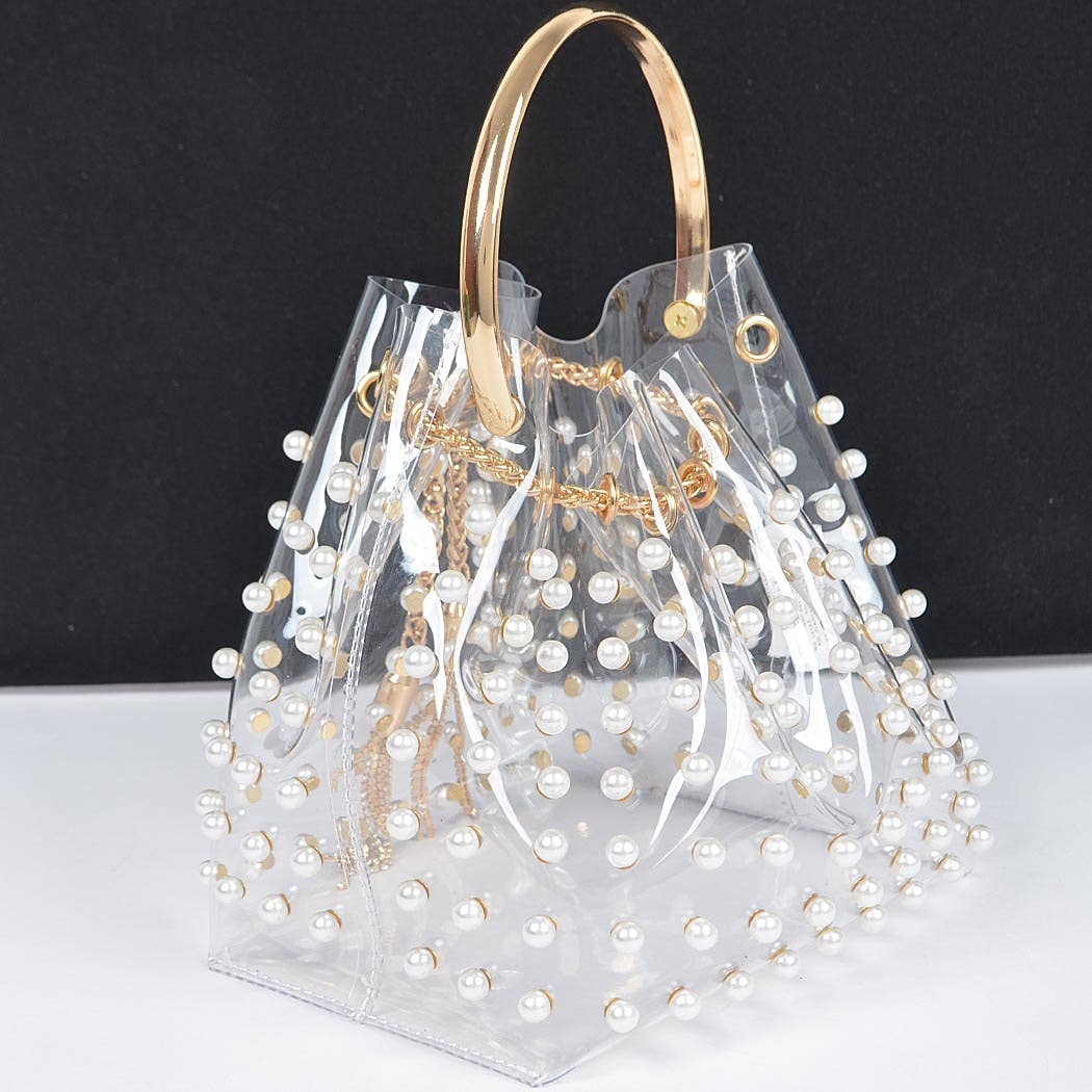 3AM BY H&D ACCESSORIES - Wholesale Crossbody Bag - Women's - Clear Pearl Stud Bucket Bag W/chain Tassle2