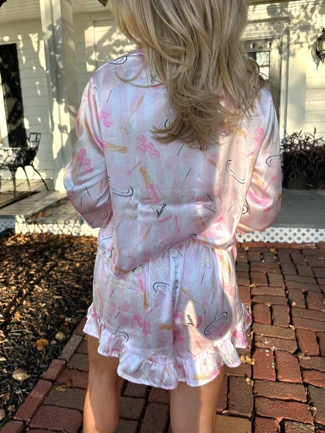 Pink Satin Velvet Tether Ruffled Satin Shirt Shorts Pajama Set for wholesale on Faire