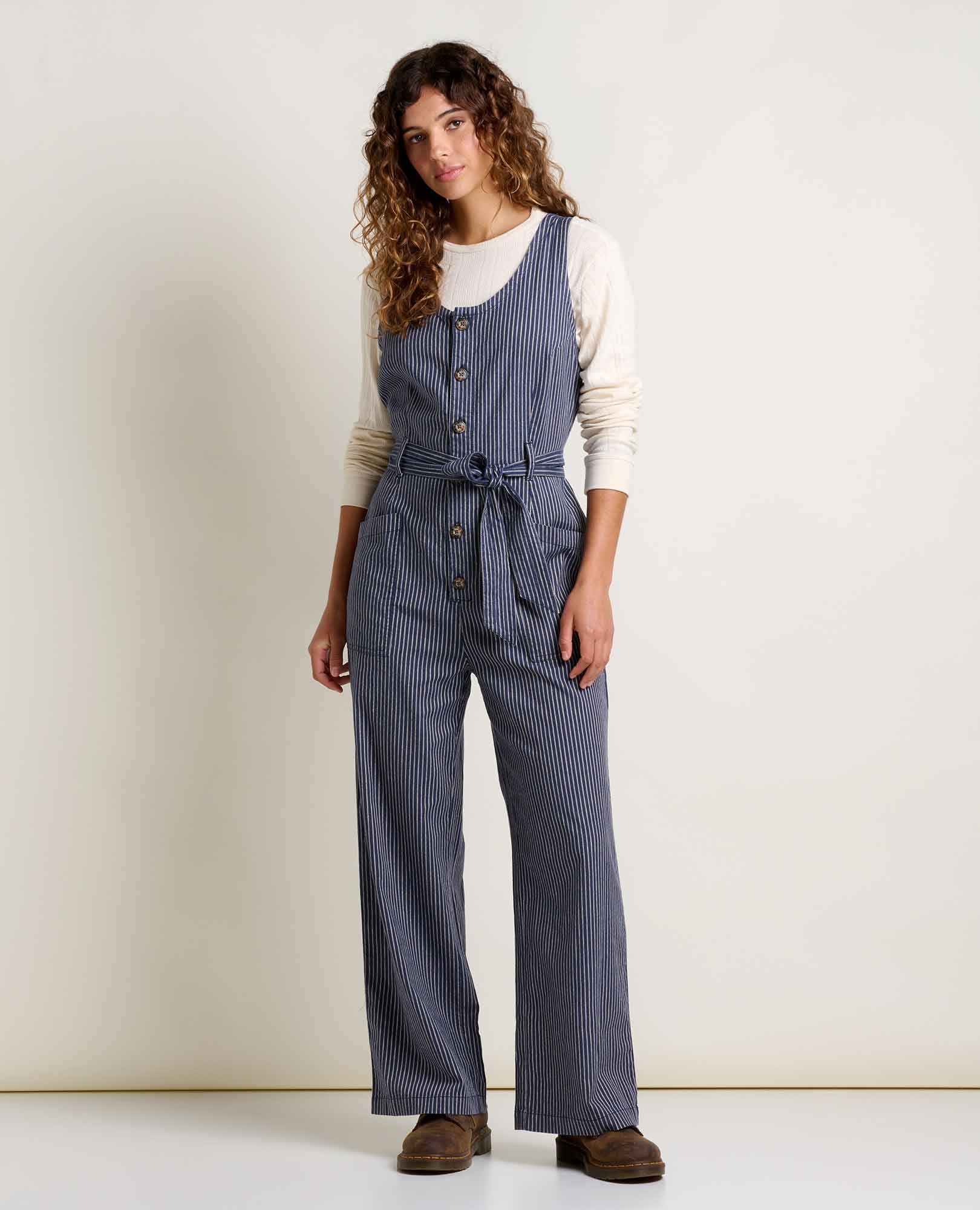 Navy Railroad Stripe Tarn Sleeveless Jumpsuit F25 for wholesale on Faire0