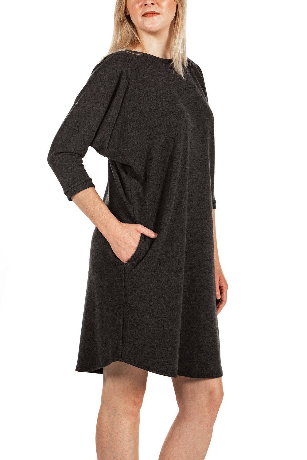 Charcoal Boat Neck Dress with Three Quarter Sleeves and Pockets for wholesale on Faire5