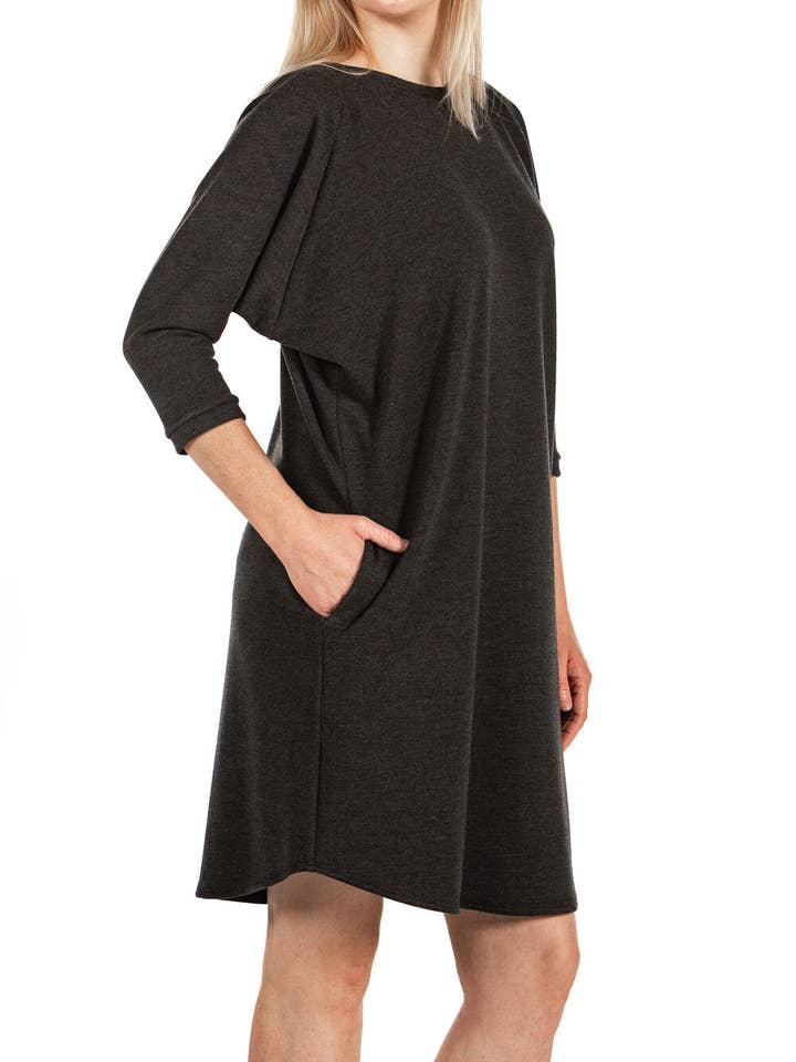 Charcoal Boat Neck Dress with Three Quarter Sleeves and Pockets for wholesale on Faire5