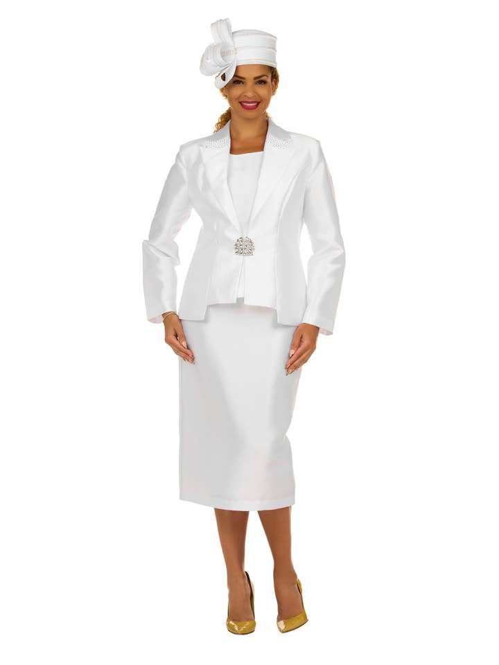 Traje de 3 piezas con cuello de pico de raso con piedras y falda - Tallas grandes para venta al por mayor de Giovanna