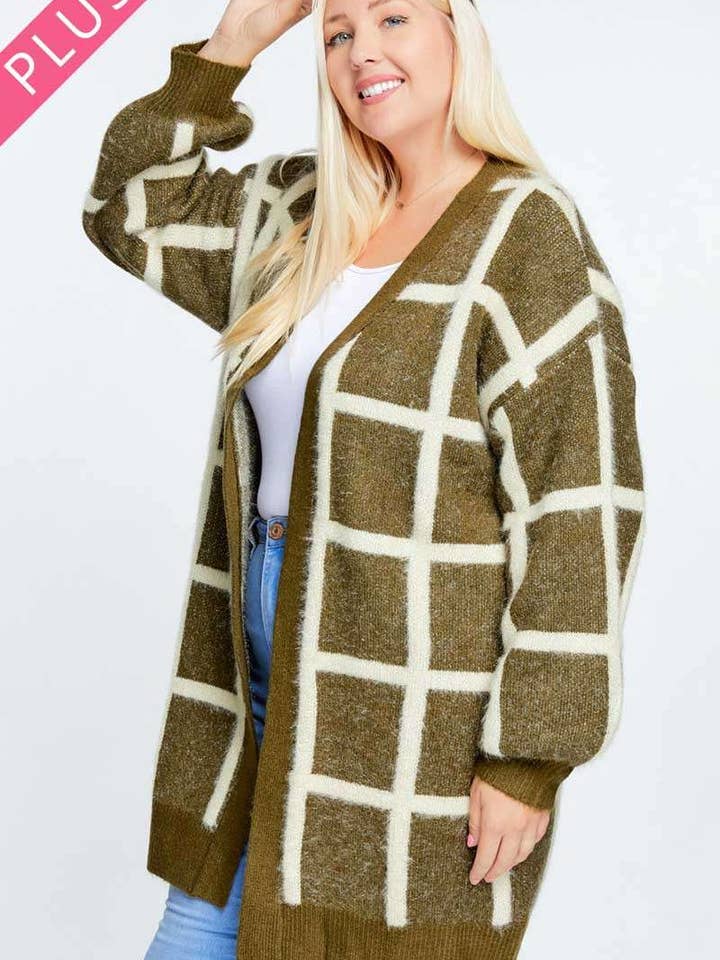 Davi & Dani - Vendita all'ingrosso Cardigan - Donna - CARDIGAN LUNGO A MANICHE LUNGHE IN TARTAN PLUS