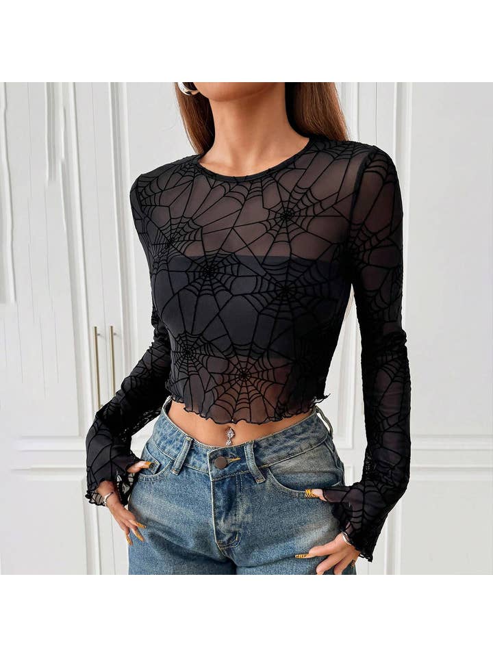 Black fungus edge spider web transparent T-shirt for wholesale on Faire