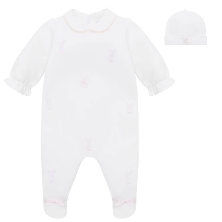 Lucy Girls White Bunny Embroidery Babygrow & Hat for wholesale by Emile Et Rose