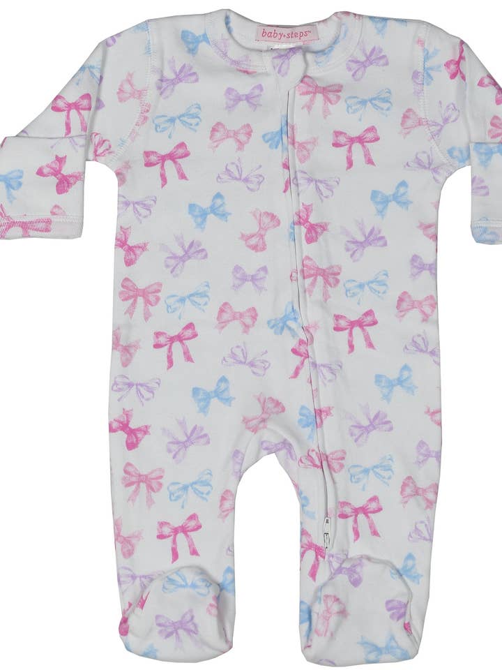 F2437-MULTI Tossed Bows Zipper Footie for wholesale by 🤍Baby Steps and Mish Kids