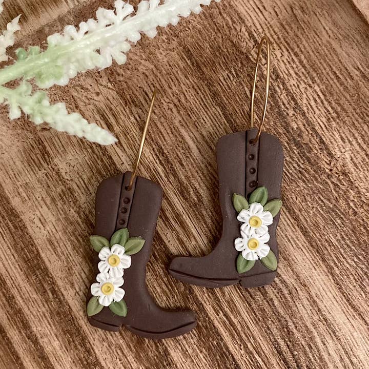 Handmade Clay Daisy Boot Hoop Earrings for wholesale by My Cotton Blossom Belle