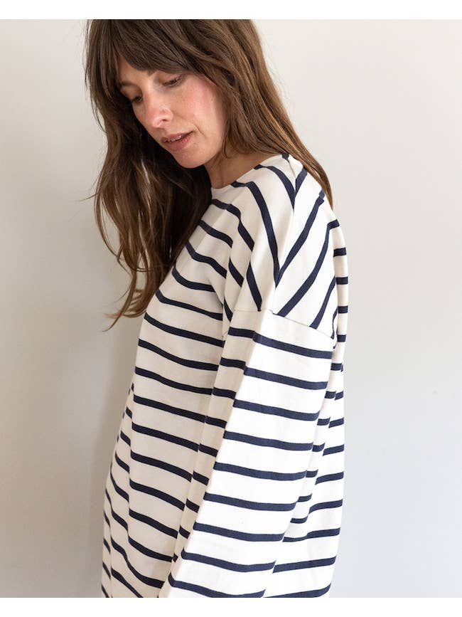 Ivy T - Wholesale T-Shirt - Women's - Nora Organic Cotton Ecru/Navy Heavyweight Breton Top2