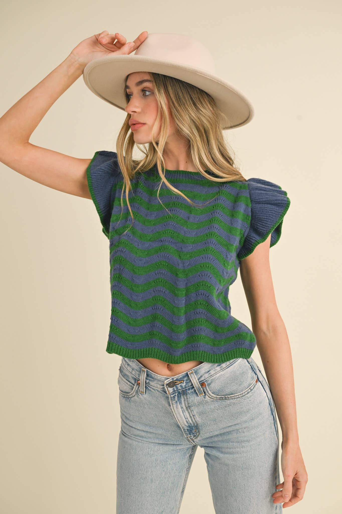 &MERCI - Wholesale Knit Sweater - Women's - WAVY STRIPES FLUTTER SLEEVE SWEATER TOP MSW1050987