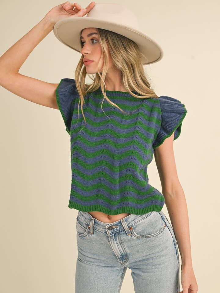 &MERCI - Wholesale Knit Sweater - Women's - WAVY STRIPES FLUTTER SLEEVE SWEATER TOP MSW1050987