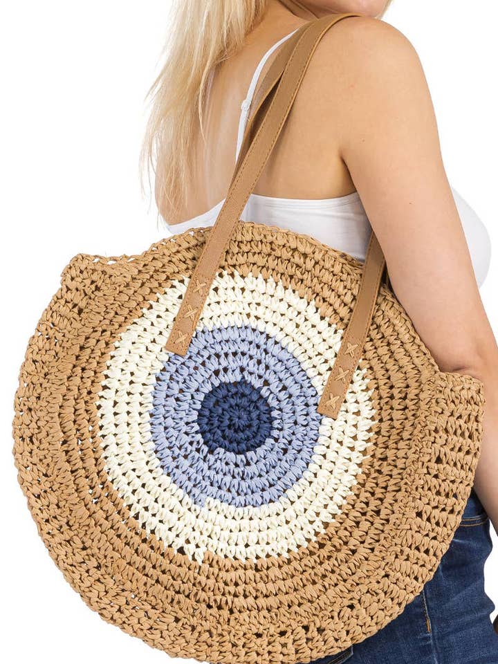 Boho Evil Eye Rattan Wicker Round Beach Tote Bag for wholesale by Cap Zone