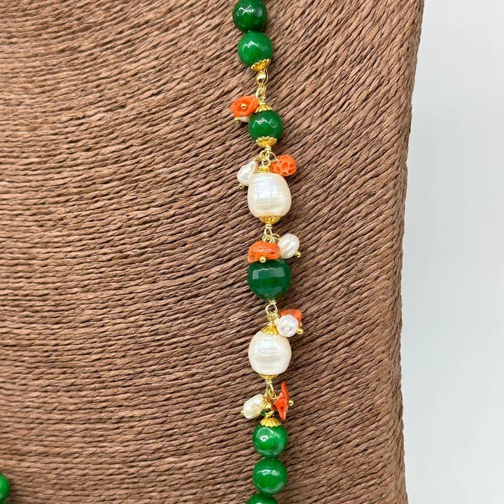 DD Ceramiche Siciliane - Wholesale Beaded/Pearl Necklace - Handcrafted Necklace with Green Stones, Coral and White Pearls V.12