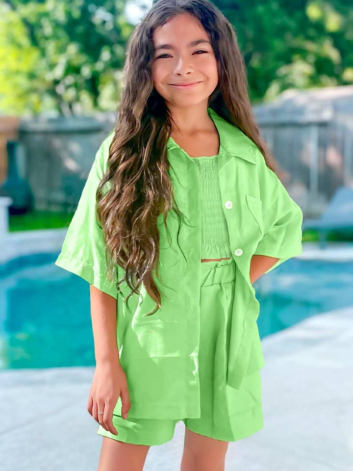 GKSS-M23-3093B Girl's 3 pc Short Set w/ Smocked Tank Top for wholesale by Cutie Patootie Clothing