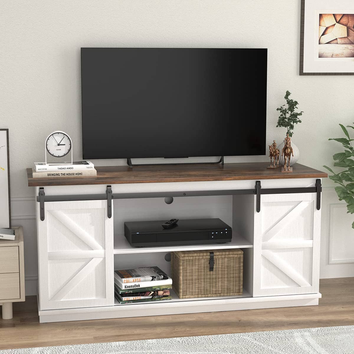 Bright White 65 Inch Farmhouse TV Stand With Sliding Barn Doors for wholesale on Faire7