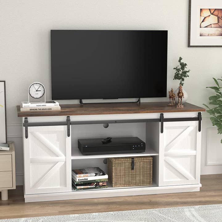 Bright White 65 Inch Farmhouse TV Stand With Sliding Barn Doors for wholesale on Faire7
