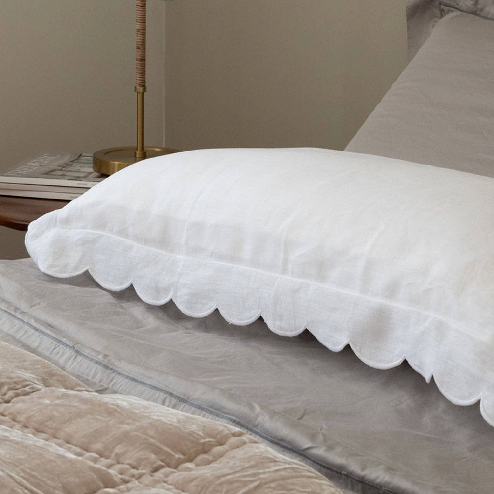 White Scalloped Edge Linen Pillowcases for wholesale on Faire0