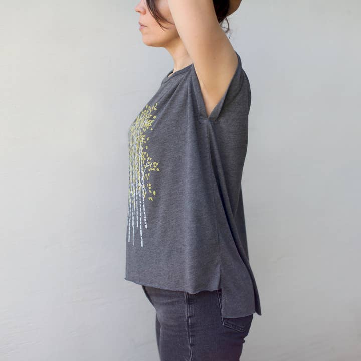 Blackbird Supply Co. - Wholesale Screen Printed T-Shirt - Women's - Aspen Trees Fall Leaves Rolled Cuff Muscle Tee Heather Gray3