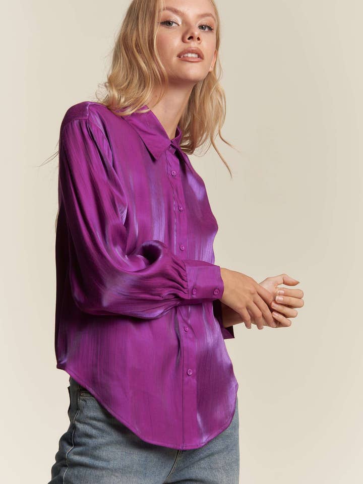 BUTTON DOWN BUBBLE SLEEVE SLINKY FABRIC TOP for wholesale by Hers & Mine