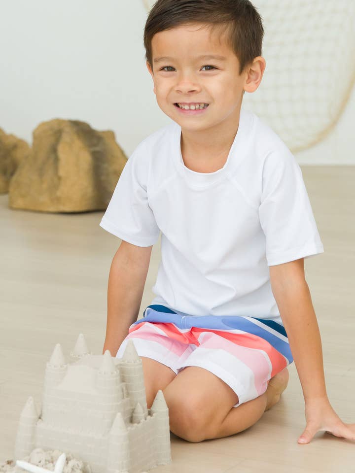 White Boys Seaside Stripe Swim Trunks for wholesale on Faire