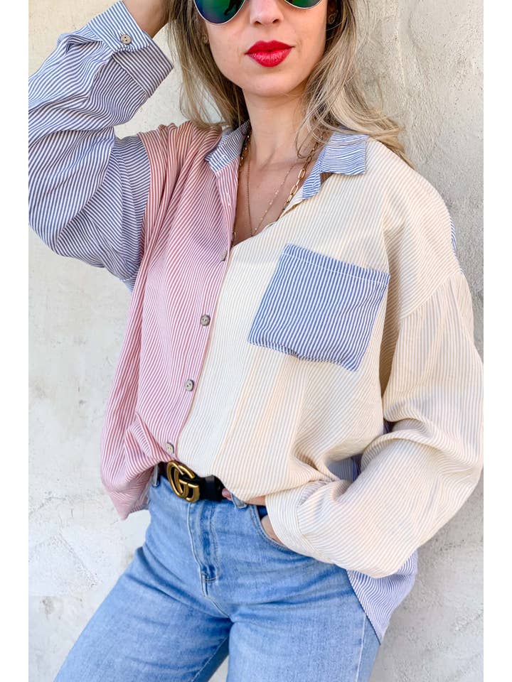 Multi Stripe Printed Color Block Button Down Long Sleeve Shirts for wholesale on Faire4