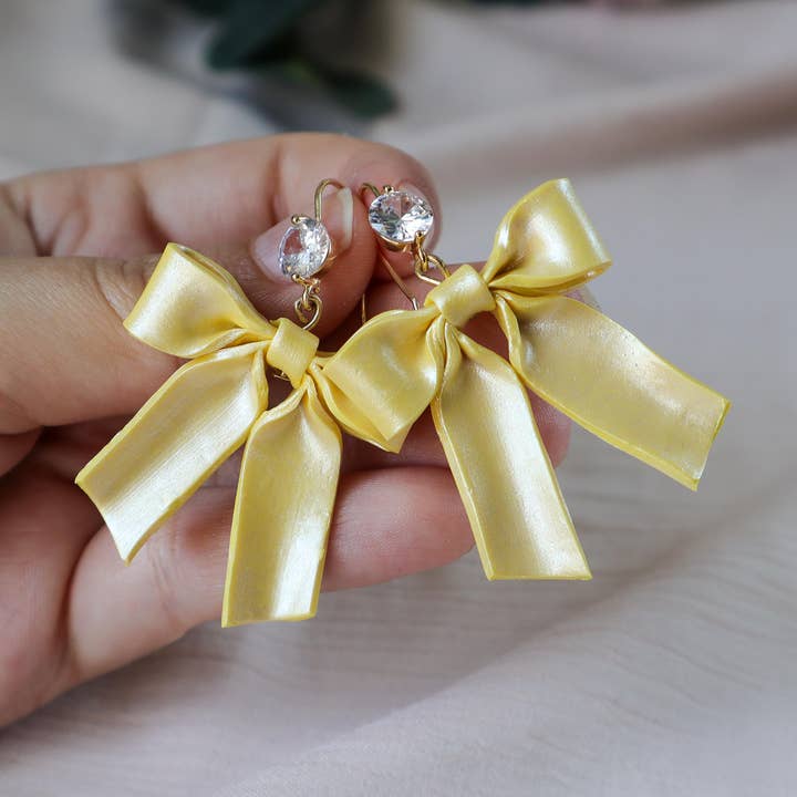 Yellow Bow Earrings with Zircon Studs for wholesale by K's Craft House