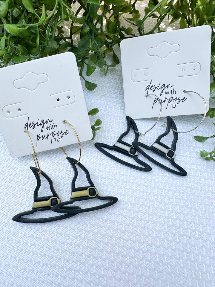Black Witch Hat Clay Statement Halloween Earrings for wholesale by Design With Purpose