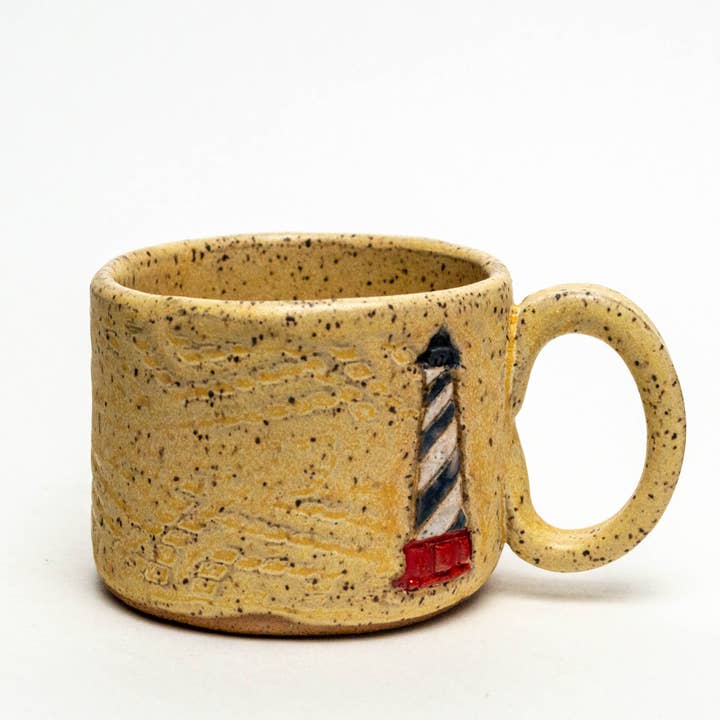 Caneca Cerâmica Bege 8oz Artesanal Padrão Farol por atacado de White Squirrel Clayworks