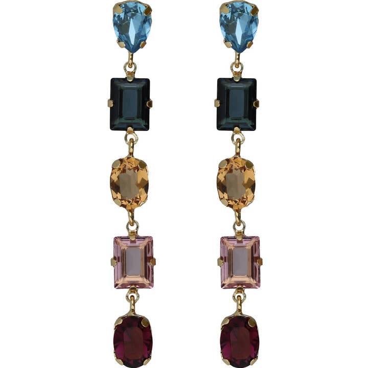 Boucles d'oreilles longues Borea avec cristal multicolore en Argent plaqué Or pour la vente par Victoria Cruz