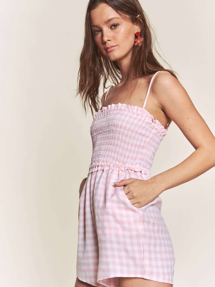 GINGHAM SMOCKED ROMPER WITH SPAGHETTI STRAP for wholesale by Hers & Mine