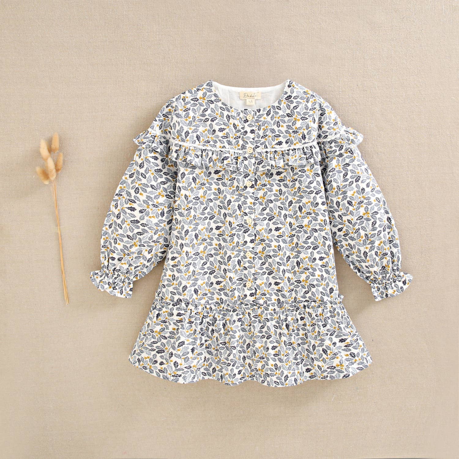 Dadati - Wholesale Dress - Kids - Girl's dress with blue and mustard leaf print2