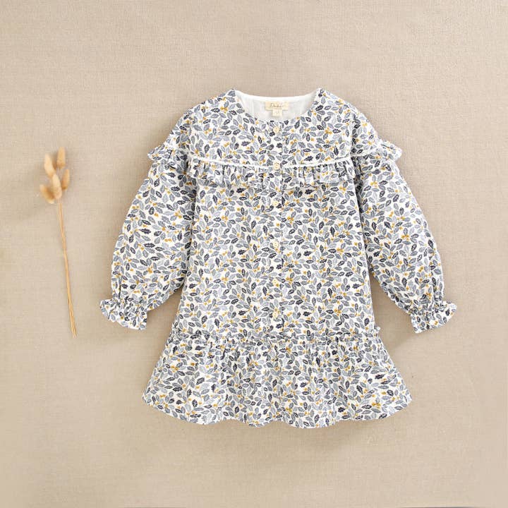 Dadati - Wholesale Dress - Kids - Girl's dress with blue and mustard leaf print2