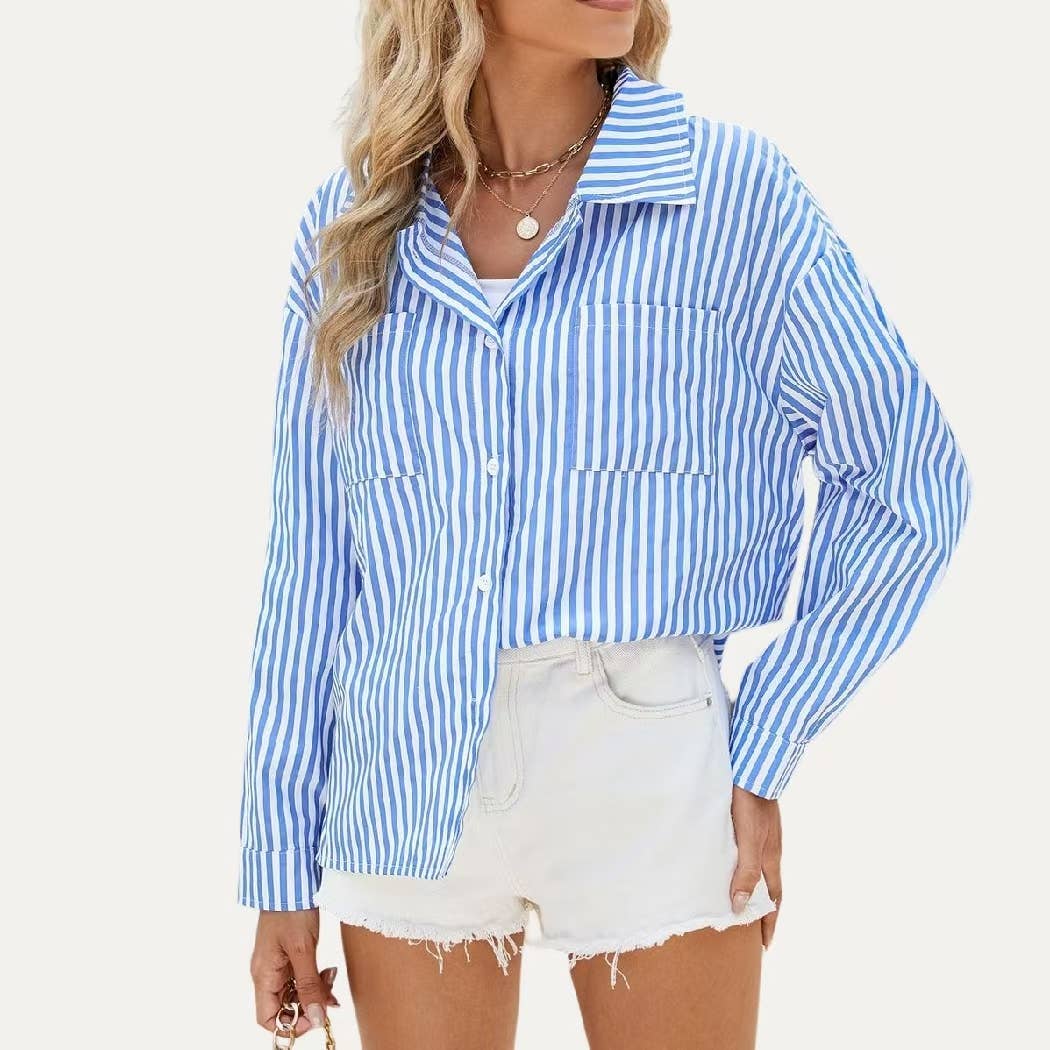 The Moment Collection - Wholesale Button Down Shirt - Women's - Classic Striped Print Collared Neck Button Up Boxy Shirt3