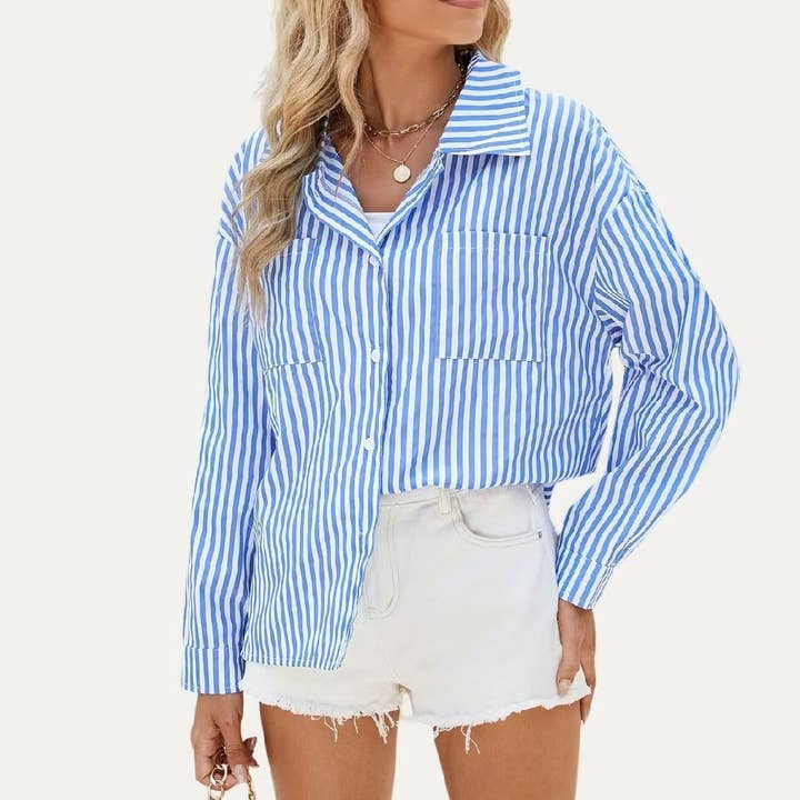 The Moment Collection - Wholesale Button Down Shirt - Women's - Classic Striped Print Collared Neck Button Up Boxy Shirt3