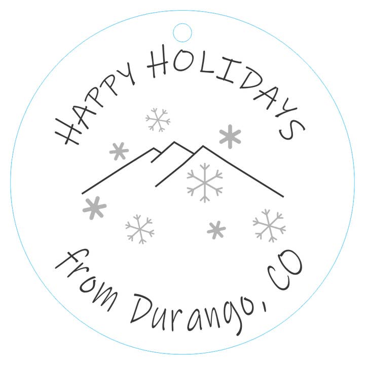 Ornament 3-inch Round Happy Holidays (Durango, CO) for wholesale by Wordsmith Laser