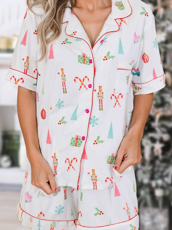 As shown Christmas Printed Short Sleeve Shirt & Shorts Set | S-XL for wholesale on Faire