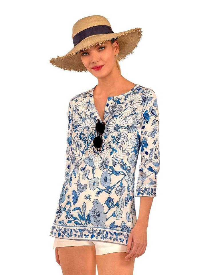 Túnica de Seda Bordada à Mão - Pássaros e Abelhas por atacado de Gretchen Scott LLC