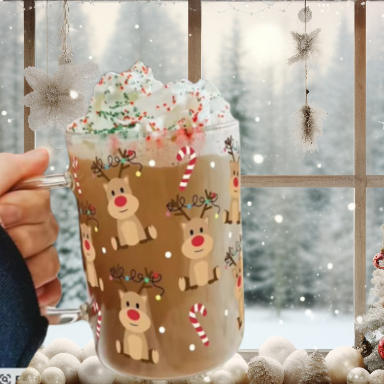 MySunshineCandless - Wholesale Drinking Glass/Cup - Christmas Glass Cup with Lid and Straw: Santa, Reindeer Deer6