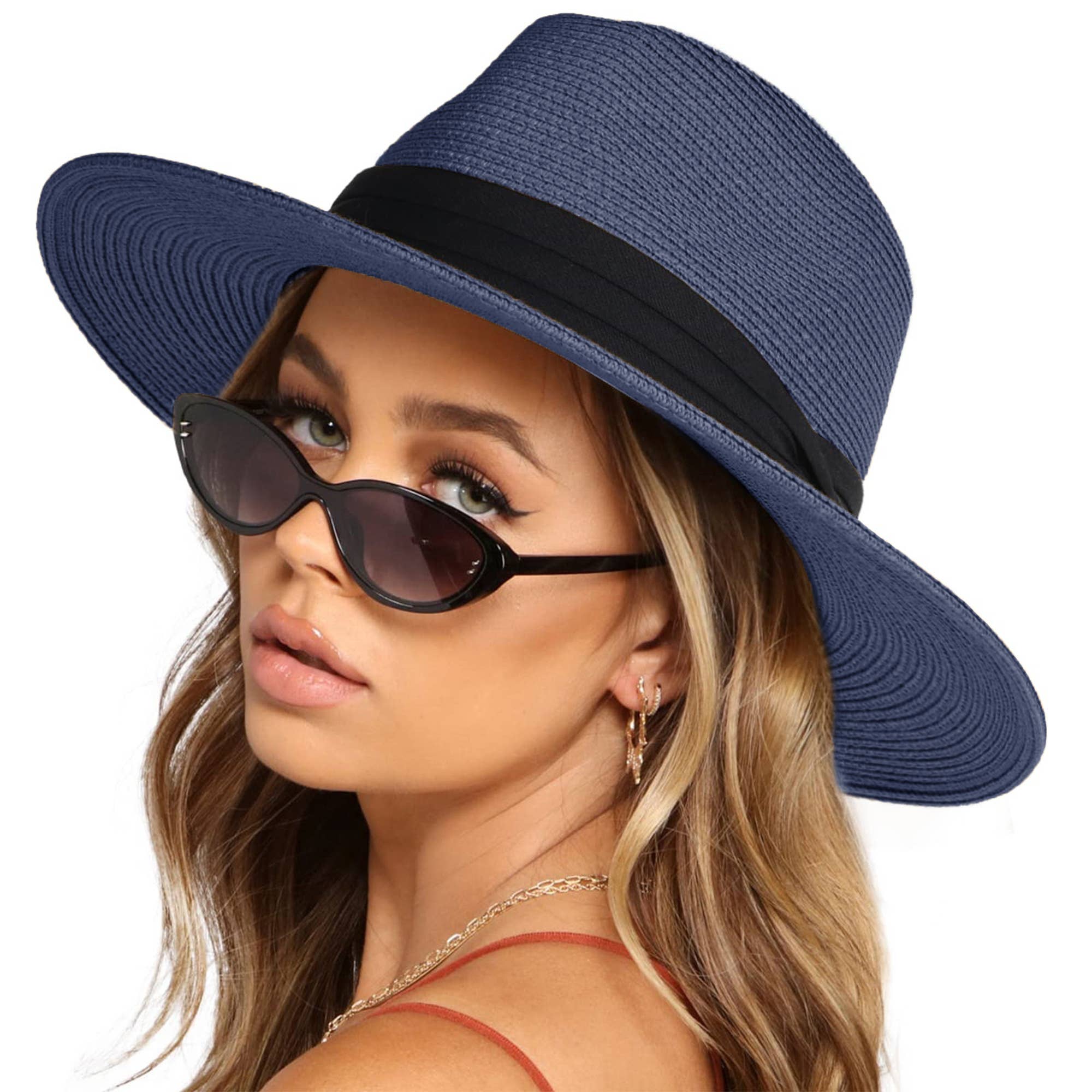 AK Brand - Wholesale Straw Hat - Women's - Wide Brim Straw Fedora Sun Hat Black Band Panama UV Hat29