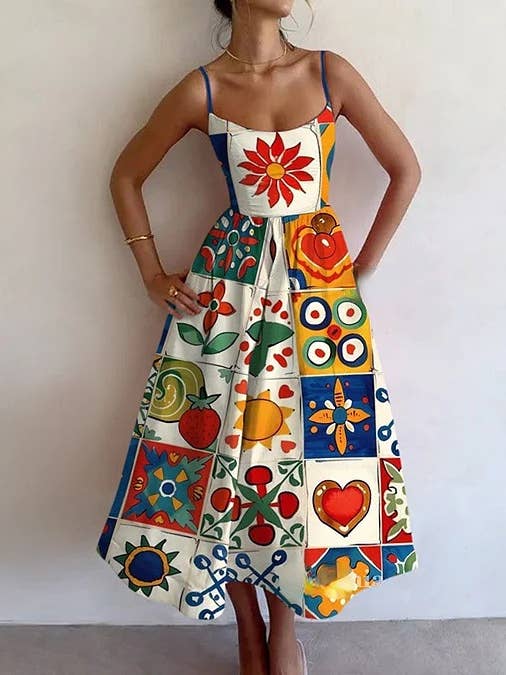 Rosa Clothing - Wholesale Dress - Women's - Vintage Puzzle & Sardine Print Sling Dress