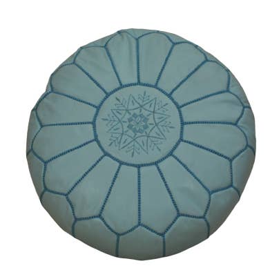 Moroccan sky blue leather pouffe for wholesale by Mazir Décoration