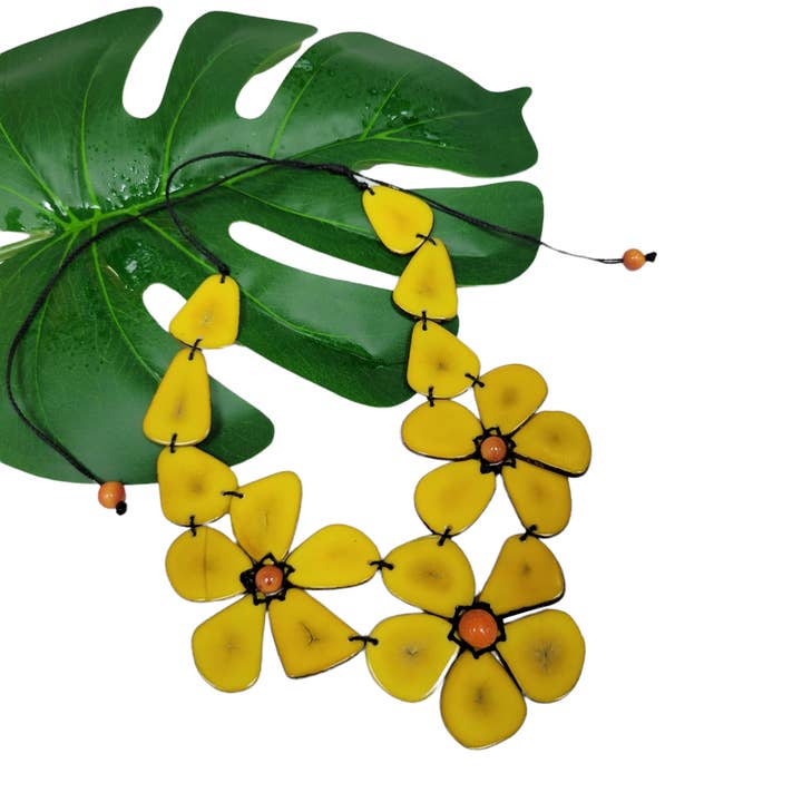 Three flowers tagua nut bib necklace ecoconscious jewel for wholesale by Organic jewelry by Allie
