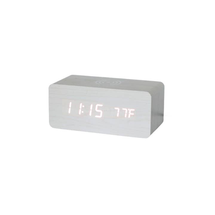 Creative Gifts International Inc. - Vente Station de charge - Chargeur de téléphone sans fil en bois blanc/horloge numérique