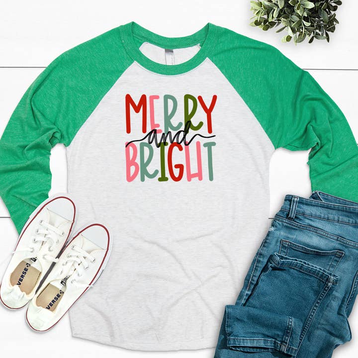Merry and Bright - Women's Christmas Raglan for wholesale by Maley Designs LLC