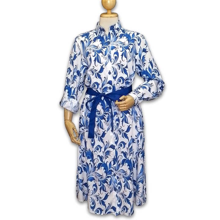 Grenouille White & Blue Scroll Print Calf Length Shirt Dress for wholesale by Salamander Shirts Ltd