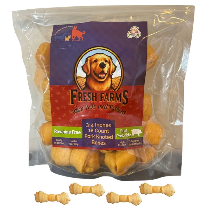 Fresh Farms 18 PK 3-4" Natural Roasted Pork Skin Knotted Bones for Dogs – Rawhide Free, Fully Digestible, Long-Lasting Chews and other Purchase Wholesale rawhide bones. Free Returns & Net 60 Terms on Faire trending on Faire.