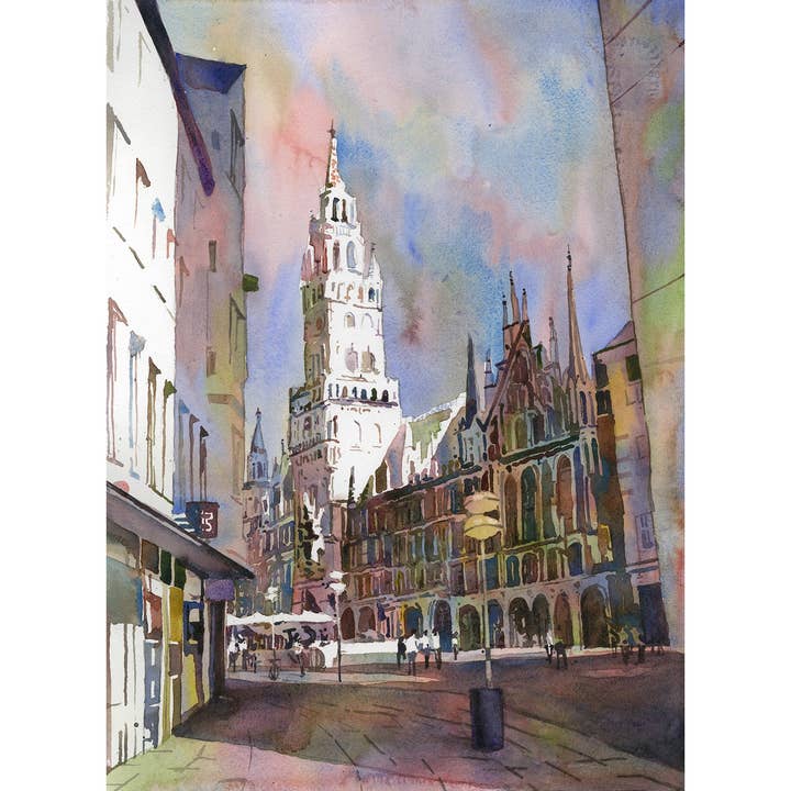 Akvarellmålning München Tyskland skyline konstverk, reseväsentligheter färgglad solnedgångskonst (tryck) för wholesale av Ryan Fox Fine Art