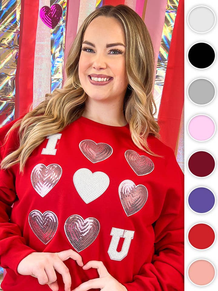 I Love You Sequin Valentine Heart Graphic Sweatshirt for wholesale by Sugar Stitch