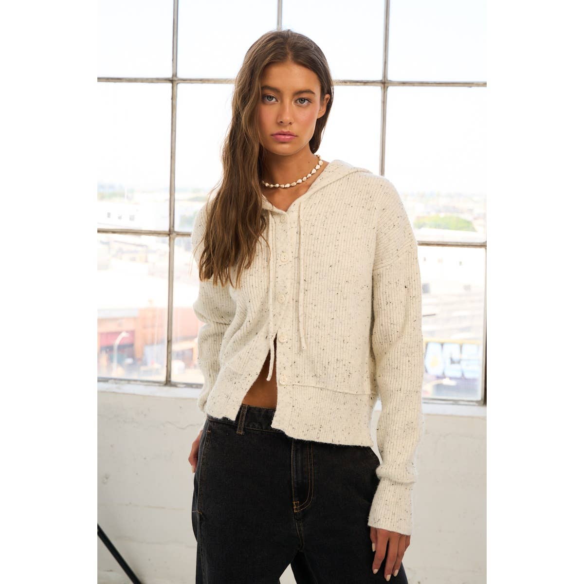 The GREii - Vente Pull en maille – femme - Cardigan à capuche en tricot moucheté avec boutons15