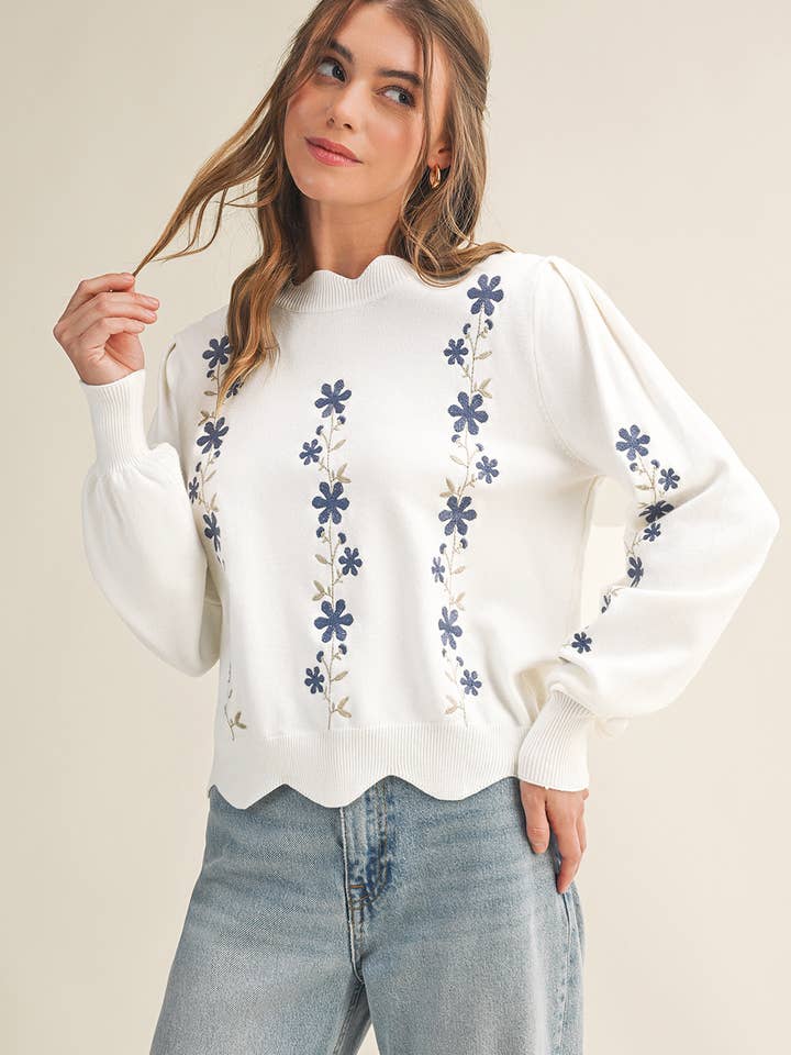 Floral Embroidered Scallop Hem Sweater | S-XL for wholesale by Aapparella