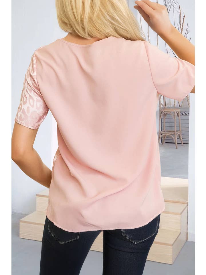 Pink Leopard Jacquard Patchwork Crisscross V-Neck Blouse (S-XL) for wholesale on Faire